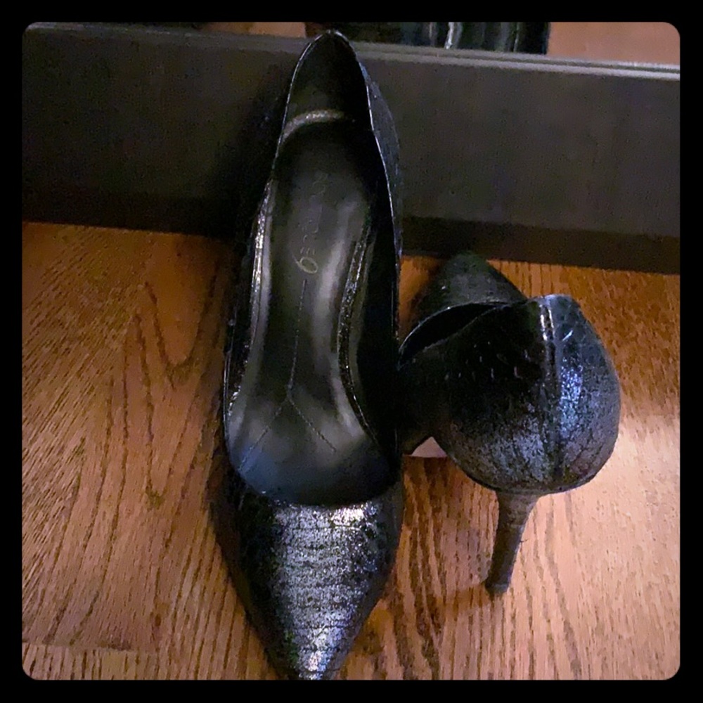 Black faux snake ski with Silver glitter stilettos